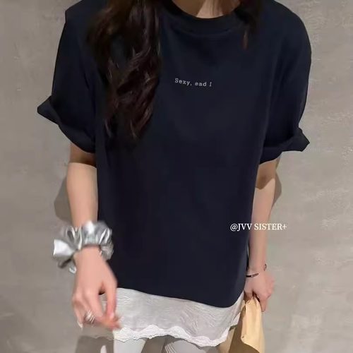 JVV SISTER韩系设计感蕾丝拼接下摆短袖T恤女春宽松休闲百搭上衣