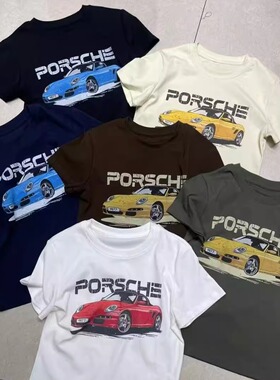 MORE有熊正品创意欧美风印花小个穿搭减龄汽车圆领短袖体恤衫上衣