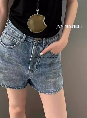 复古做旧JVVSISTER蓝色牛仔短裤设计感夏季高腰显瘦女休闲百搭热