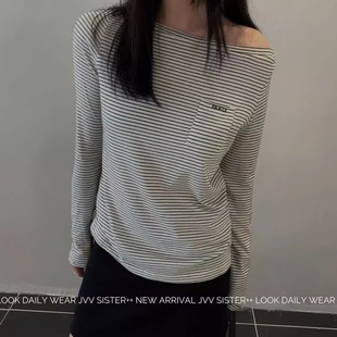 T恤女 小众设计感字母绣花条纹长袖 JVV SISTER简约斜肩一字领秋季