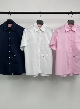 haag高品质夏季短袖纯棉简约白色粉色甜美职场风翻领衬衫衬衣纯色