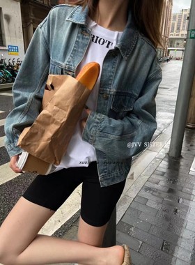 气质款JVVSISTER51321早秋复古欧美风收腰显瘦做旧牛仔服外套上衣