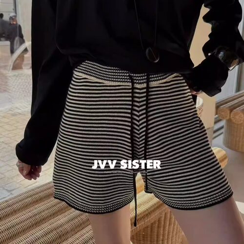 JVVSISTER2026高品毛线时尚百搭抽绳纯色针织条纹短裤女装休闲裤