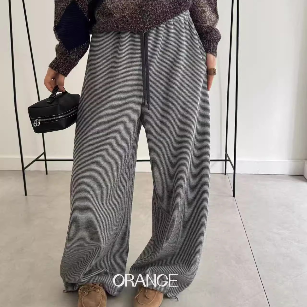 复合奥利绒ORANGE简约不挑人条纹加绒休闲宽松显瘦高腰长裤卫裤女