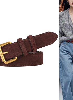 麂皮绒真皮腰带女安可拉红色皮带配牛仔裤复古2025新款设计感小众