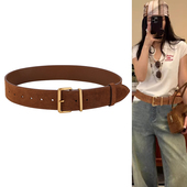 饰连衣裙子配牛仔裤 咖啡色真皮宽腰带女款 麂皮绒面装 腰封复古皮带
