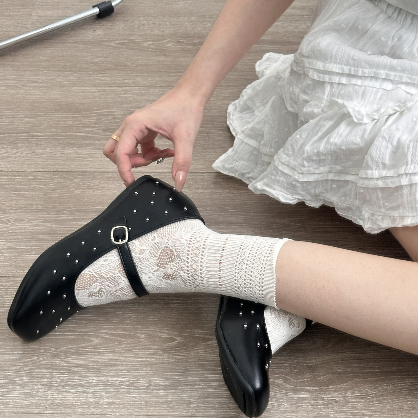 满天星铆钉法式复古内增高玛丽珍鞋夏季方头一字扣芭蕾鞋浅口单鞋