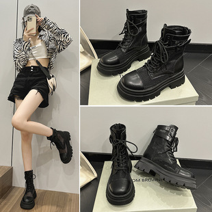 鞋 厚底短靴户外百搭女款 新款 真皮网面内增高马丁靴女2024夏季