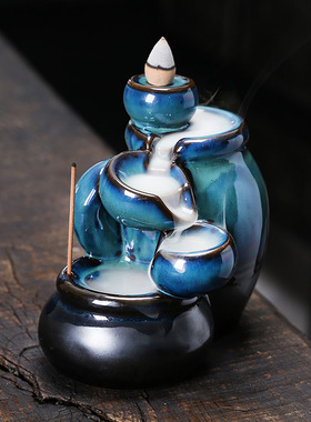 原创陶瓷茶杯左右逢源倒流香炉 创意蓝色香炉倒流家居摆件工艺品