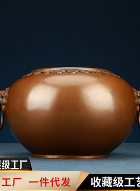 铜欣祥紫铜如意狮首缸摆件家居办公室桌面聚宝盆铜缸工艺品