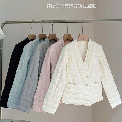跨境TikTok白鸭绒羽绒服女士短款轻薄内胆韩版保暖V领休闲夹克外