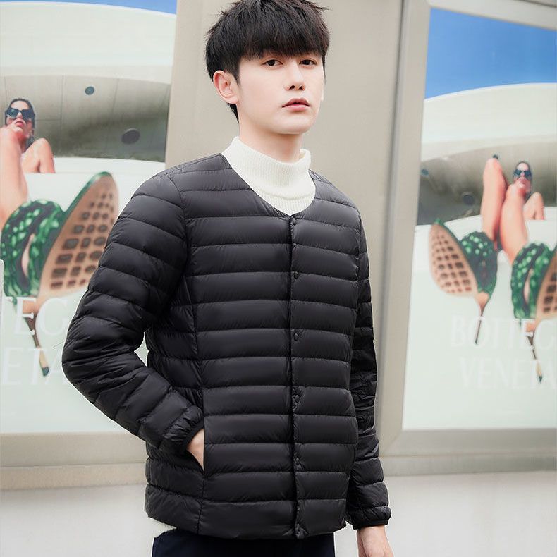 冬季新款轻薄羽绒服男短款圆领V领保暖内胆长袖修身薄款大码外套