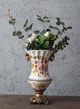 包邮美式复古冰裂纹陶瓷花瓶创意家居摆件装饰品欧式双耳高足花瓶