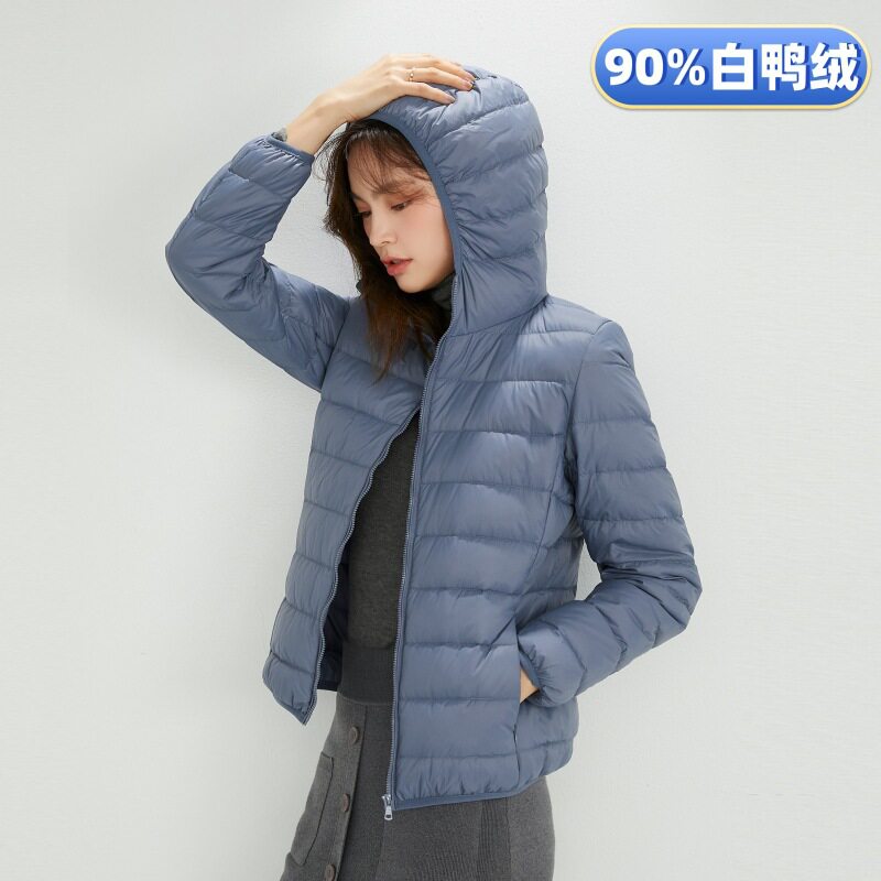 跨境TikTok秋冬新款90绒轻薄羽绒服女款女士连帽薄款大码加厚外套