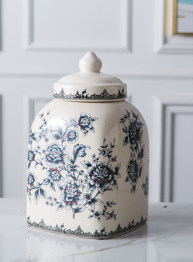 美式陶瓷带盖储物罐茶叶罐家居乔迁装饰欧式复古裂纹瓷将军罐摆件