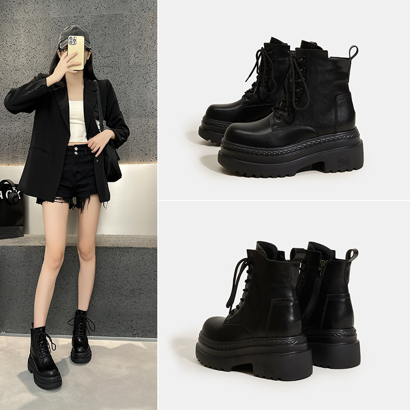 黑色厚底马丁靴女2025秋季小个子内增高学院风短靴休闲百搭款靴子