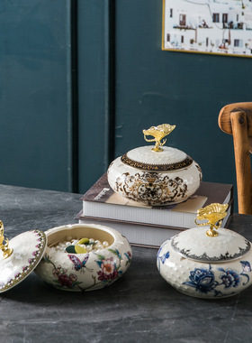 跨境美式复古陶瓷首饰盒家居储物罐收纳盒创意欧式陶瓷工艺品摆件