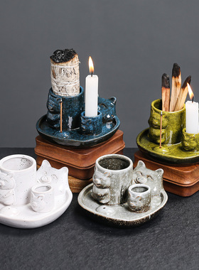 莫兰迪色系烛台北欧风格家居小猪装饰品蜡烛台鼠尾草摆件圣木托盘