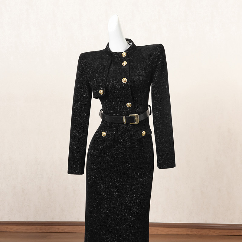 黑色复古长袖连衣裙女冬季长裙小众设计感御姐风高端宴会礼服裙子