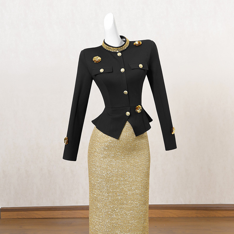 法式复古拼接假两件连衣裙女冬季长裙重工亮片设计感高端礼服裙子