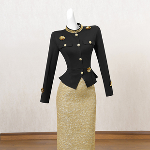 法式复古拼接假两件连衣裙女冬季长裙重工亮片设计感高端礼服裙子