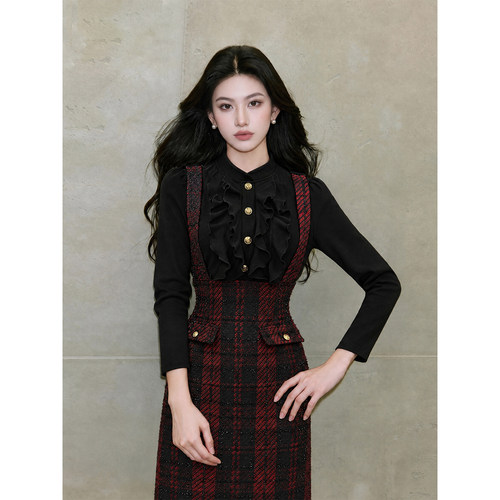 法式小香风拼接假两件连衣裙女