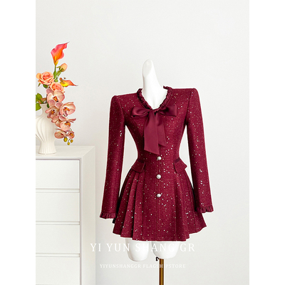 红色复古小香风长袖连衣裙