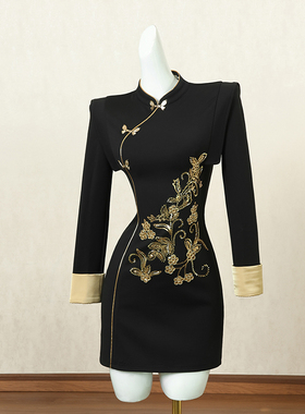 黑色新中式国风改良旗袍连衣裙呢秋季短裙串珠设计感高端礼服裙子