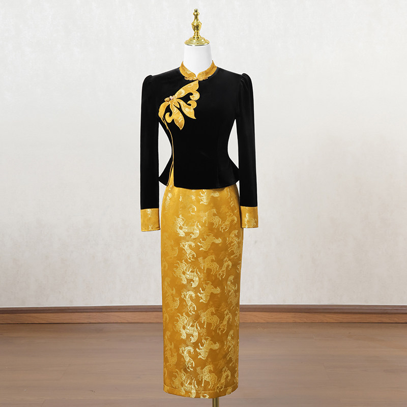 新中式国风改良旗袍连衣裙女冬季长裙撞色拼接设计感高端礼服裙子