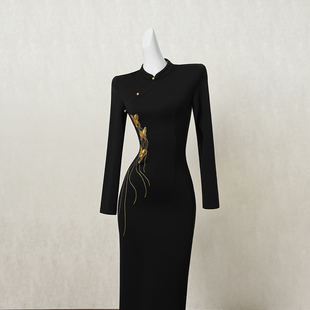 黑色新中式国风改良旗袍连衣裙女秋季长裙复古设计感高端礼服裙子