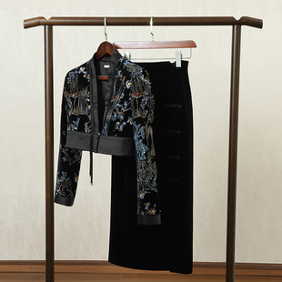 重工刺绣短款 女2025年秋冬新款 外套裙子两件套 国风套装 黑色新中式