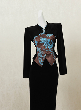 黑色新中式国风改良旗袍连衣裙女秋季长裙复古设计感高端礼服裙子