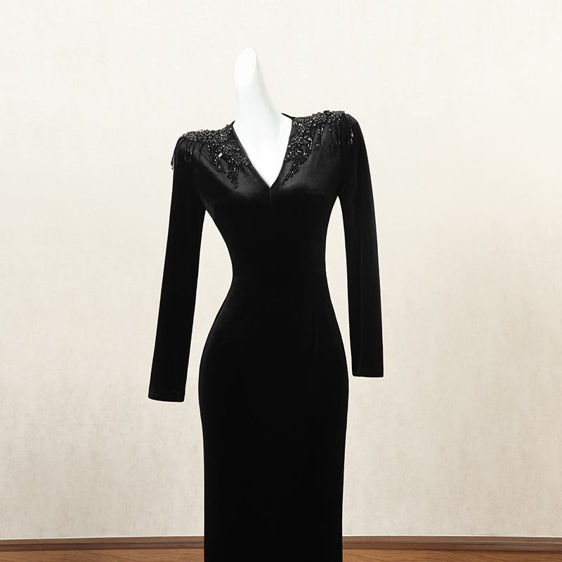 黑色复古丝绒连衣裙女