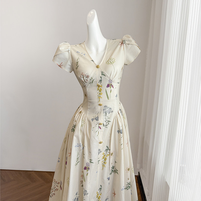 法式复古短袖连衣裙女早春新款长裙小众设计感御姐风高端礼服裙子