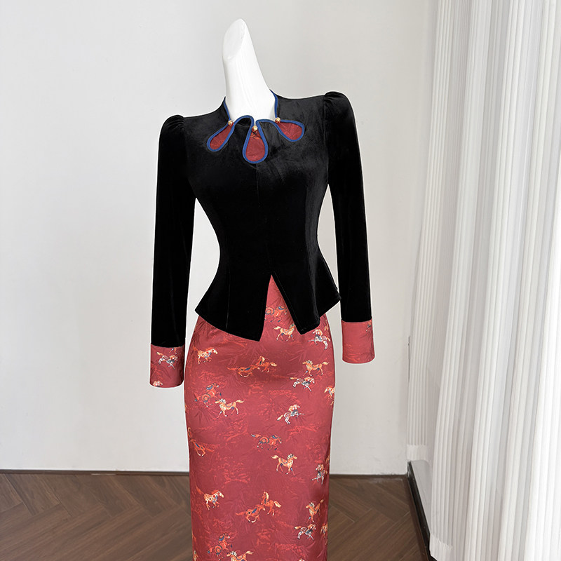 新中式国风拼接假两件连衣裙女冬季长裙复古印花设计高端礼服裙子