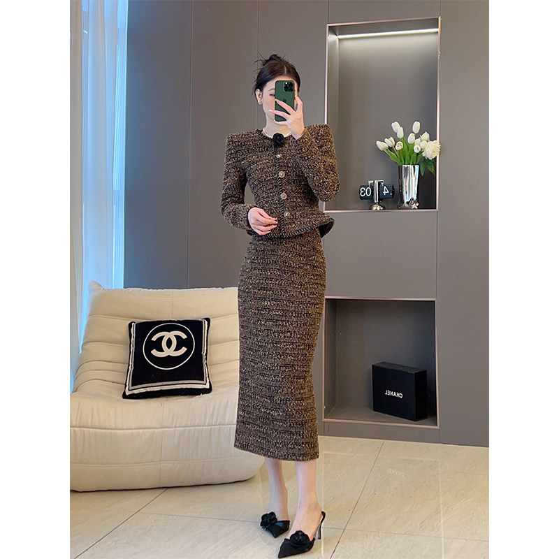 法式复古小香风套装女2025秋冬新款高端设计感外套显瘦长裙两件套