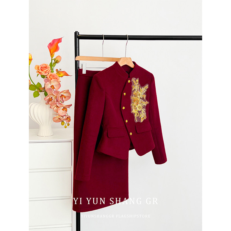 红色复古小香风套装女秋冬新款重工钉珠短外套+显瘦半身裙两件套,女装/女士精品,时尚套装,淘宝优惠券,粉丝福利购,淘宝优惠卷