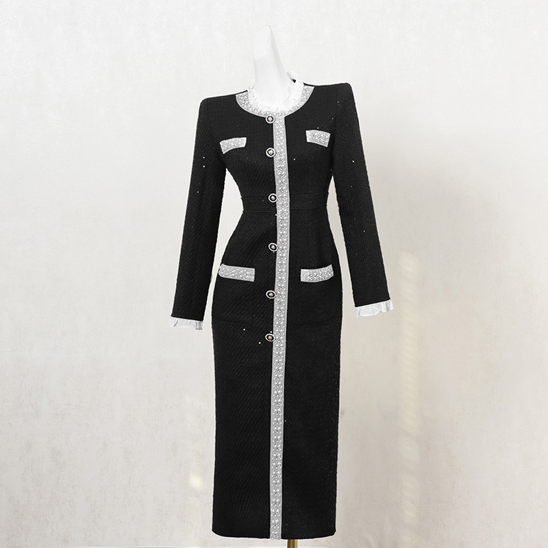 黑色复古小香风连衣裙女冬季长裙重工钉珠设计感高端宴会礼服裙子