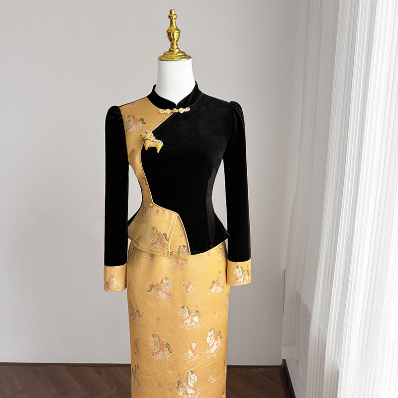 新中式国风改良旗袍连衣裙女冬季长裙撞色拼接设计感高端礼服裙子