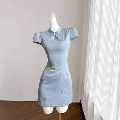 蓝色新中式国风改良旗袍连衣裙