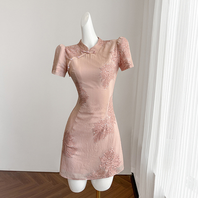 粉色国风改良旗袍连衣裙