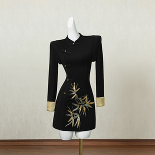 黑色新中式国风改良旗袍连衣裙女秋季短裙亮片设计感高端礼服裙子