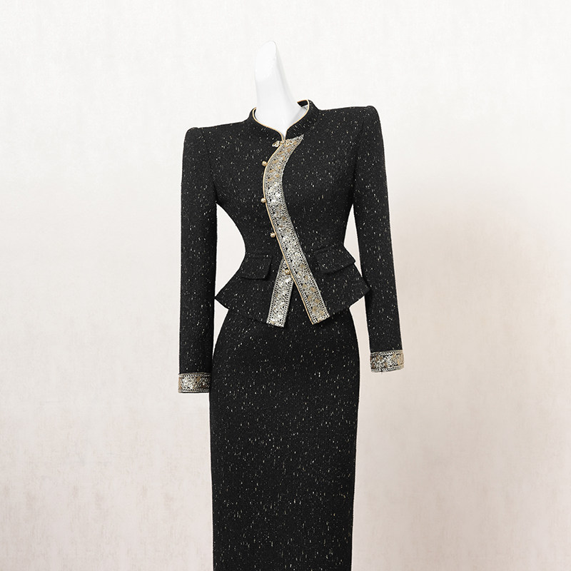 黑色复古拼接假两件连衣裙女冬季长裙小众设计感高端宴会礼服裙子