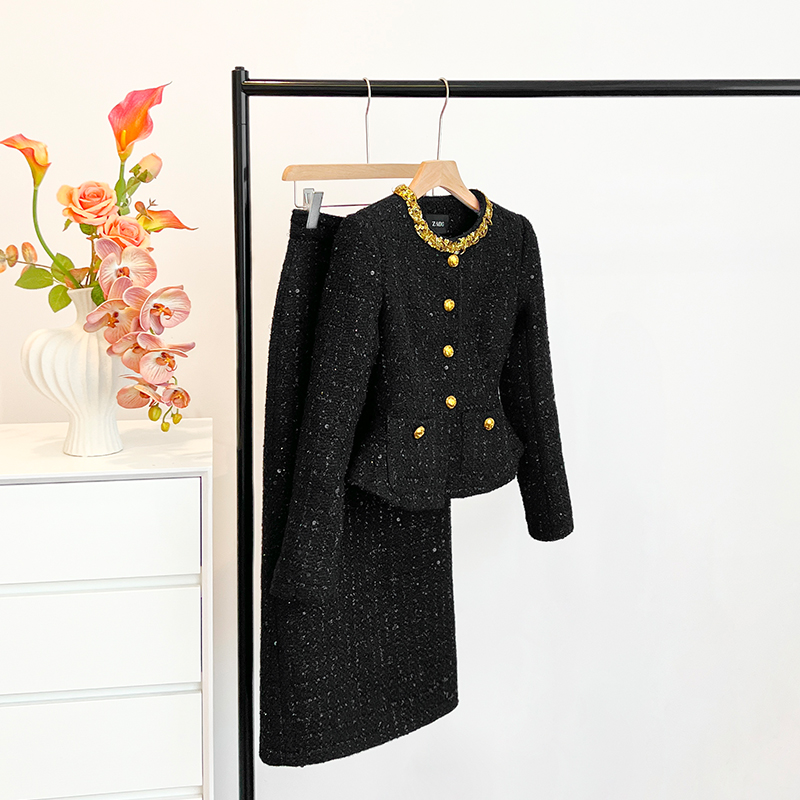 黑色复古小香风套装女