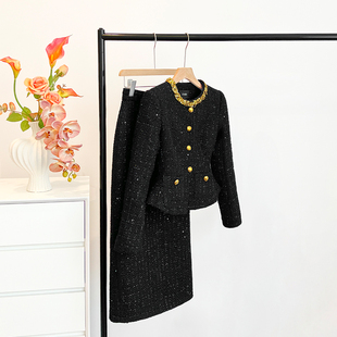 黑色复古小香风套装 重工钉珠设计感外套裙子两件套 女2025秋冬新款