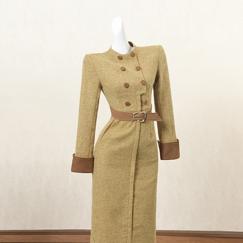 黄色复古圆领长袖连衣裙女冬季长裙小众设计感御姐风高端礼服裙子