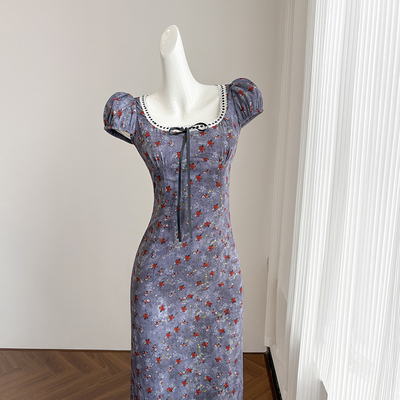 紫色复古玫瑰印花连衣裙