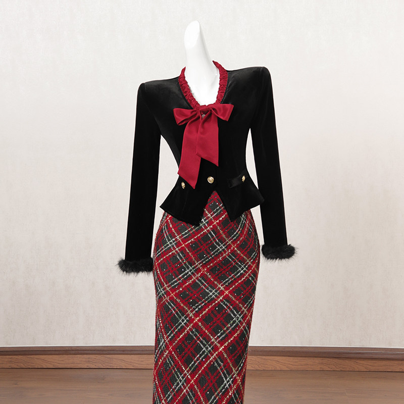 法式复古撞色拼接连衣裙女冬季长裙小众设计感御姐风高端礼服裙子