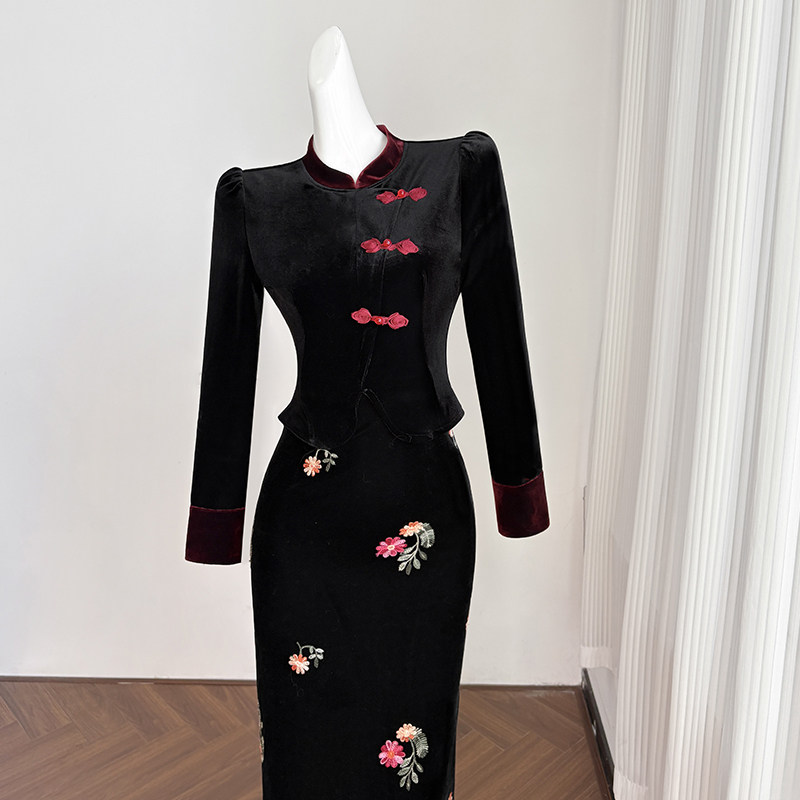 黑色新中式国风改良旗袍连衣裙女冬季长裙假两件拼接高端礼服裙子