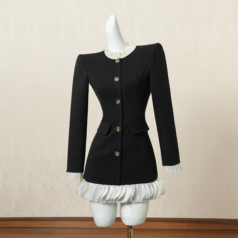 黑色复古小香风长袖连衣裙女秋季短裙别致独特设计感高端礼服裙子